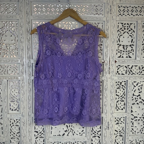 Y2K Lilac Purple Sheer Lace Babydoll V Neck Sleeveless Tank Top Sz Petite Large - Picture 6 of 6